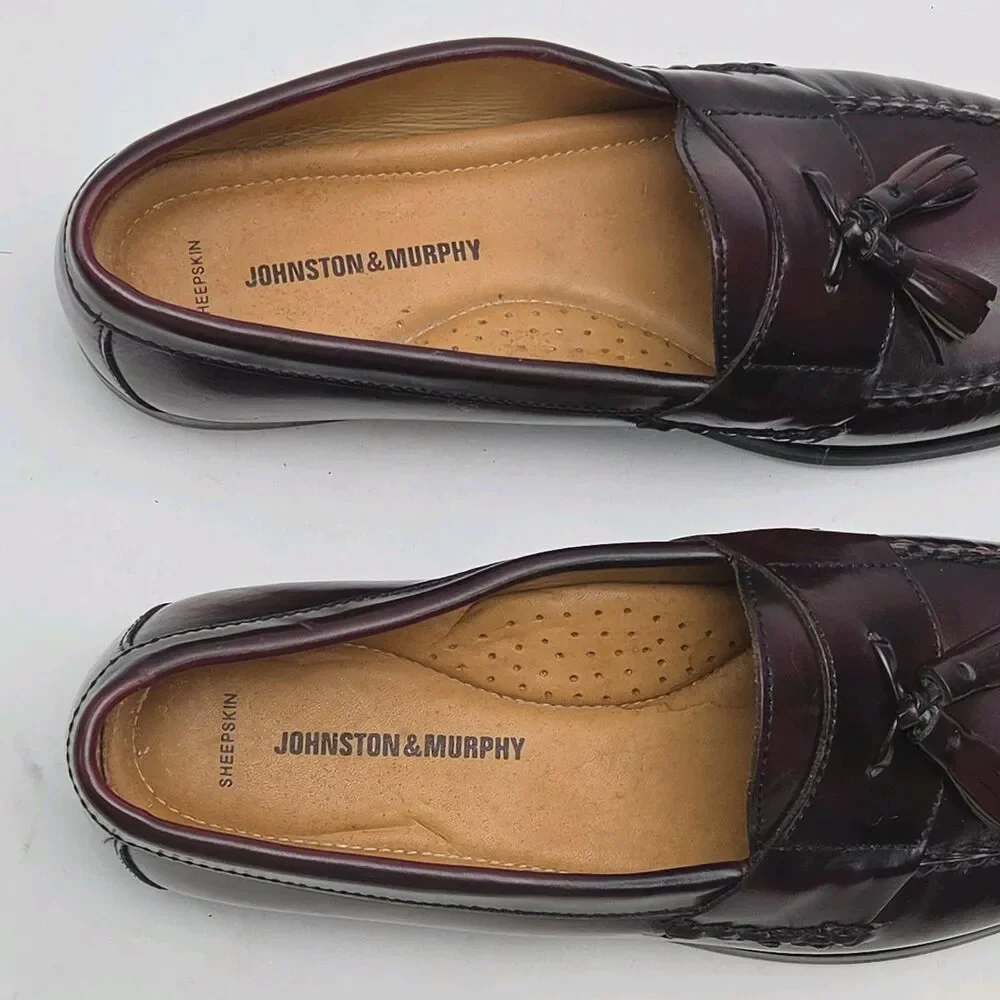 Johnston & Murphy Shoe Penny Loafers Men Sz 9.5 M Burgundy Sheepskin Tassled